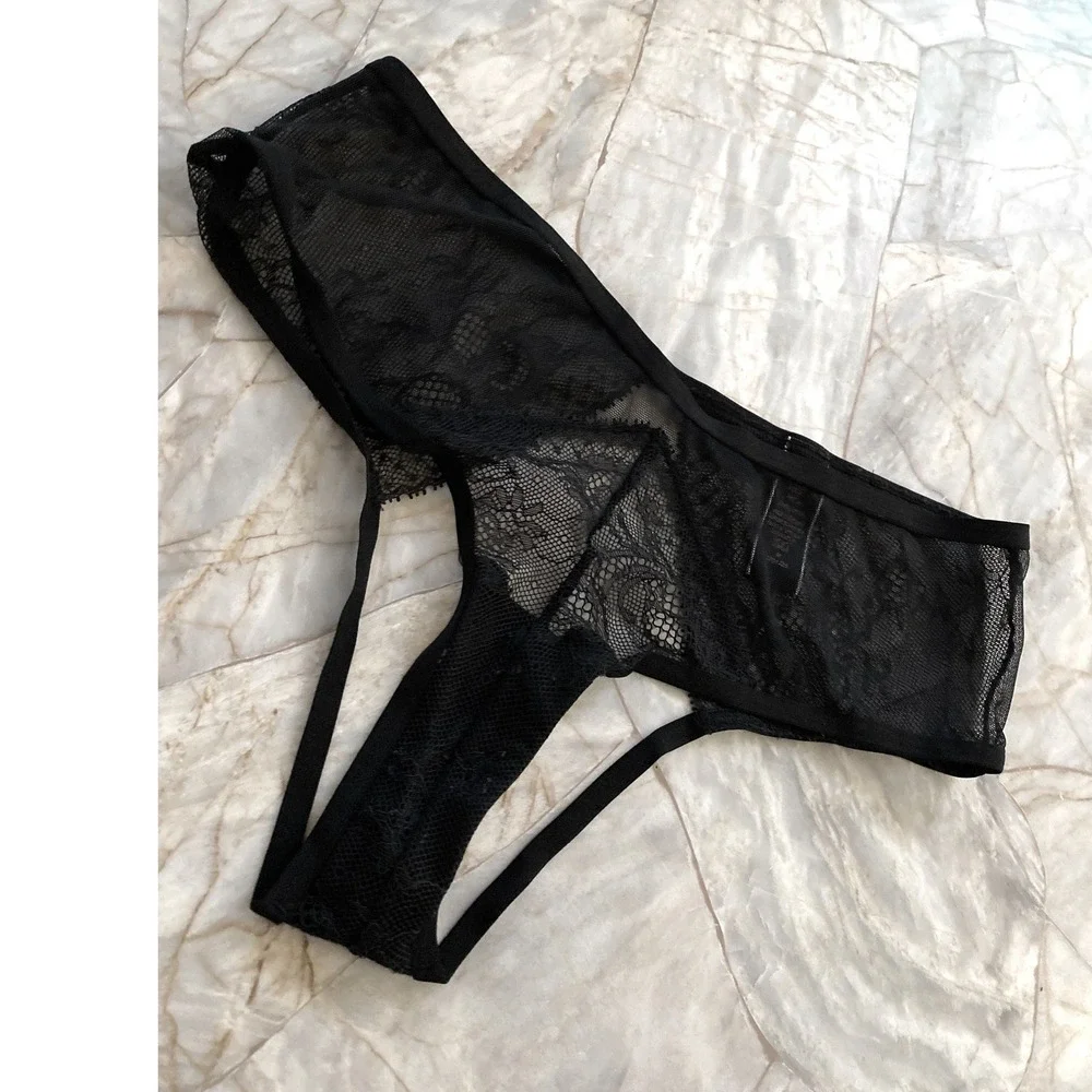 Victoria's Secret Black Floral Lace Strappy Sheer Mesh Thong Panty Medium